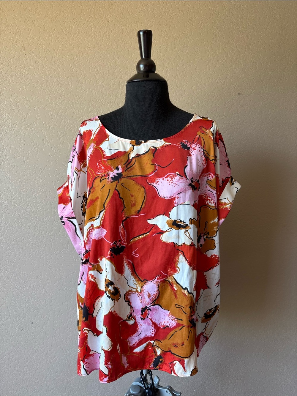 Nine West XXL Short Sleeve Blouse Floral Red Pink Brown Office